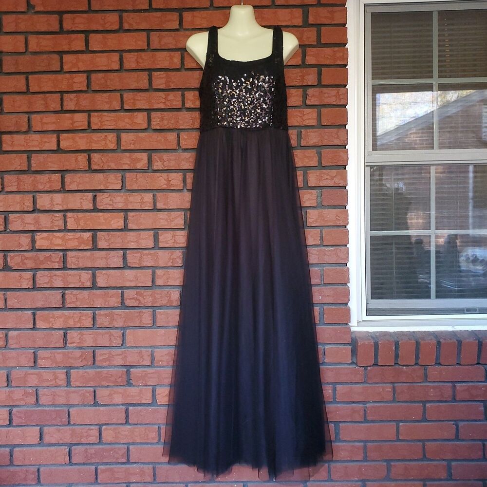 Ever Pretty Maxi Dress XL 10 Black Tulle Sequin Evening Gown Formal Event